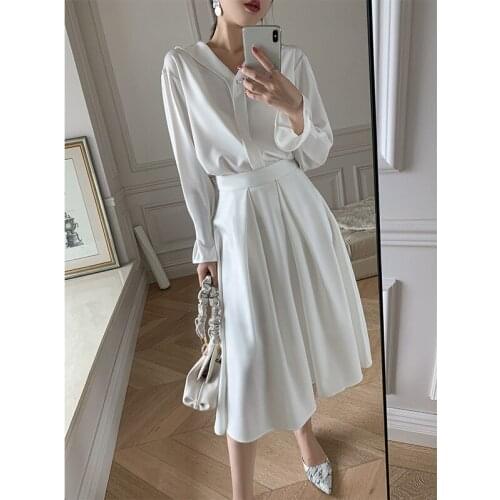 LMQ NEW Early Spring Design Womens Sets Turn Down Chiffon Shirt Top + Long Skirt Simple Elegant Fashion Dress Two Pieces Sets