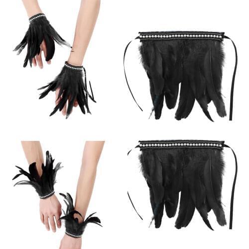 Feather Wrist Cuffs Real Natural Dyed Rooster Feather Wrist Cuffs with Ribbon Ties for Halloween Party Cosplay Costumes