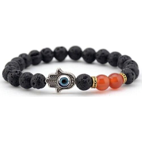 Mens Bracelets 8MM Natural Lava Stone Hamsa Charm Elastic Bracelets Stretch Beaded Tibetan Bracelet Dropshipping Jewelry
