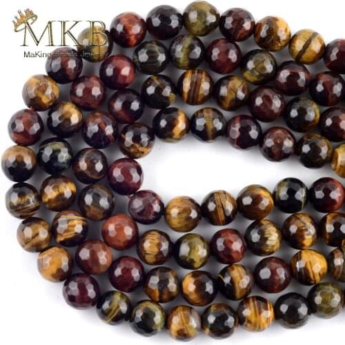 Natural Three Color Tiger Stone Faceted Round Beads For Jewelry Making Spacer Loose Beads 4/6/8/10/12mm Diy Bracelet Strand 15"