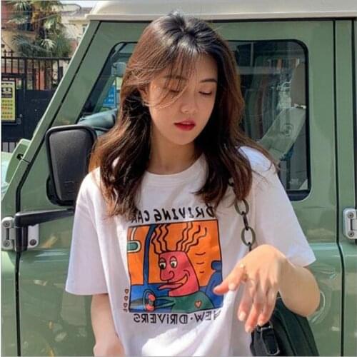 NEW DRIVER Graffiti Print T shirt Women Spring Summer Short Sleeve O Neck Women Tops Tees Slim Fit Woman T-shirt