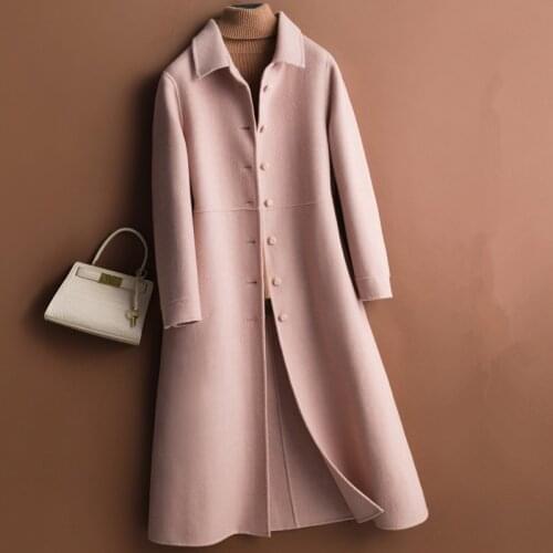 Autumn Winter Slim Long Double Sided Cashmere Wool Coat Women Outwear Korean Casual Blue Pink Pure Wool Coat Female Abrigo Mujer