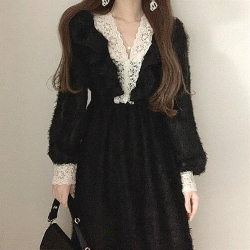 Elegant Vintage Dress Women V-Neck Lace High Waist One Piece Dress Korean 2021 Spring Party Office Long Sleeve Dress Female Chic