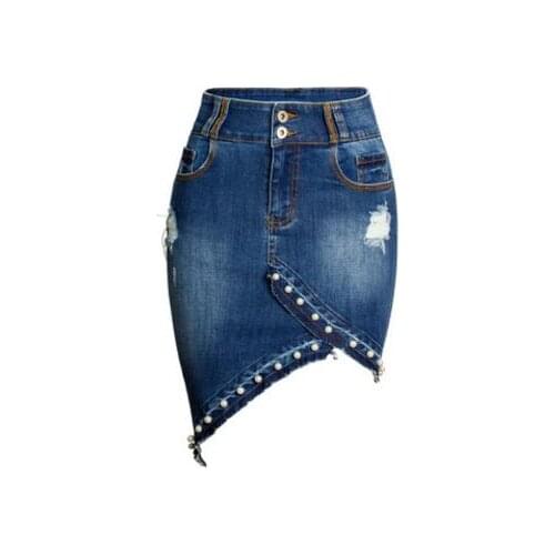 Female Pearl Package Hip Irregular Pearl Denim Skirt Large Size Women Hole Jeans Skirt High Waist Saias Cowboy Denim Skirts K846