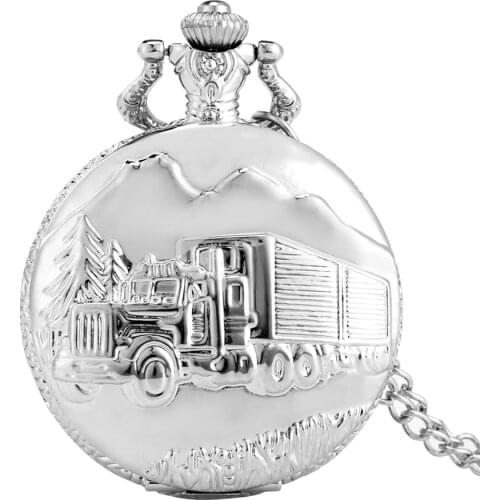 Silver Truck Design Quartz Pocket Watch Necklace Pendant Clock Vintage Full Hunter Pocket Watches Unisex Gifts with 80 cm Chain