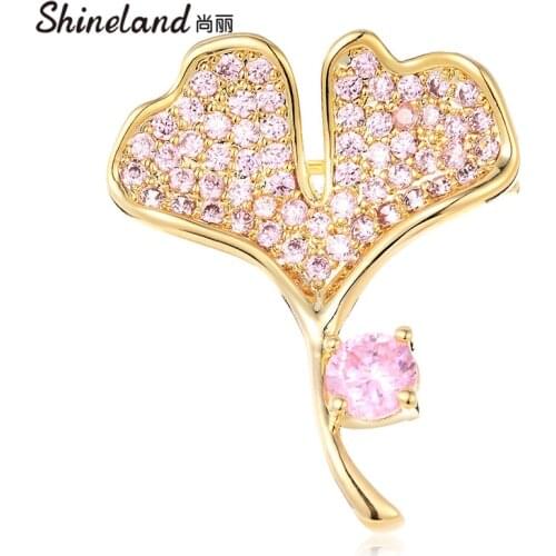 Shineland Pin Brooch Leaves Fashion Jewelry Pink White Rhinestone Crystal Shirt Collar Brooches Women Autum Collection Elegant