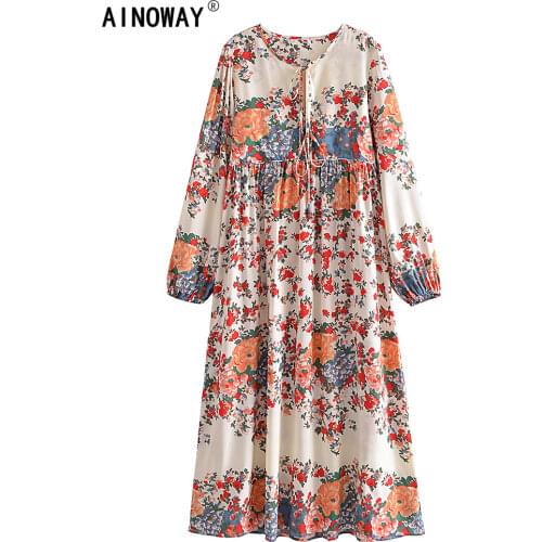 Vintage chic women purple floral print lace-up v-neck beach Bohemian midi dress Ladies Summer rayon Boho dress vestidos