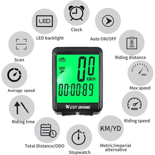 WEST BIKING Waterproof Bicycle Computer WirelessWired MTB Bike Cycling Odometer Stopwatch Speedometer Watch LED Digital Rate