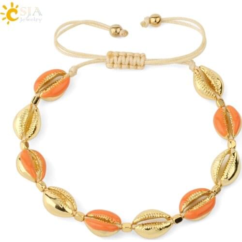 CSJA Cowrie Shells Bracelets Gold Color Sea Puka Shell Beaded Bracelet for Women Girl Braided 2020 Seaside Summer Jewelry S536