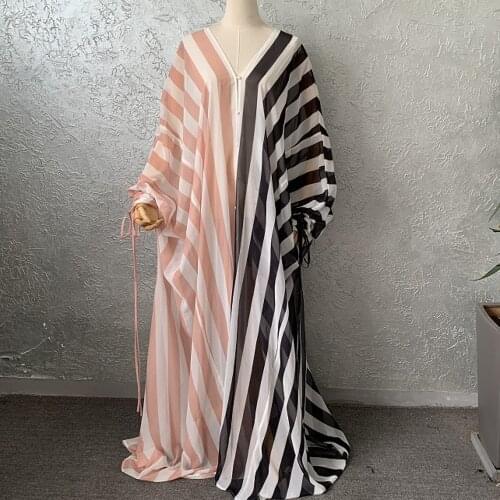 2021 Spring Autumn Fashion Loose Stripe Women Maxi Long Split Gown Leisure Outdoor Patchwork Strapless Sexy African Dress