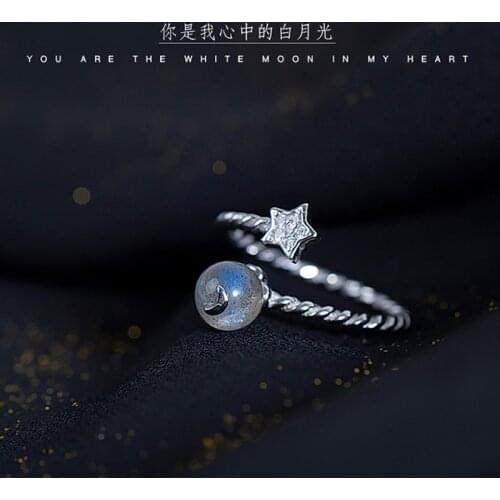 Real 925 Sterling Silver Cute Moonstone Personality Adjustable Ring Fashion Jewelry For Women Gift Party Elegant Accessories