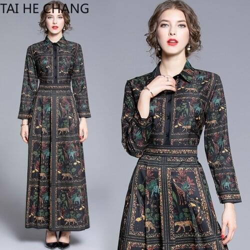 Women Dress New Fashion Retro Spring Summer Elegant Slim Bodycon Vintage Party Runway Print Shirt Office Work Maxi Dresses
