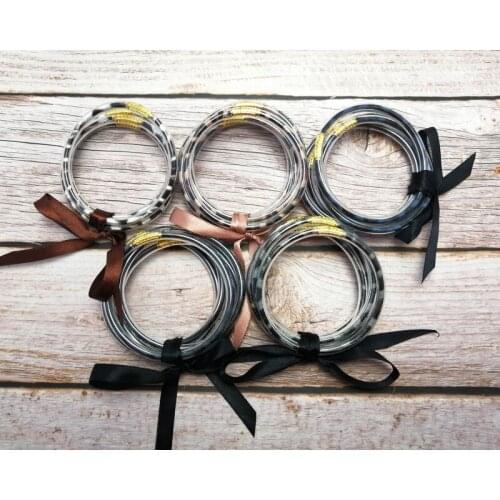 ZWPON Rainbow Fill Stripe Genuine leather Silicone Stardust Stack Bracelet Bangle Bowknot Jelly Bangles Jewelry 5 Pcs Set