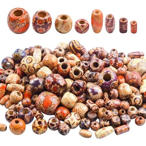 Hendevl 200 Pcs Printed Wooden Beads, mixed Various Shapes Loose Wood Beads for Jewelry Making DIY Bracelet Necklace Hair Crafts
