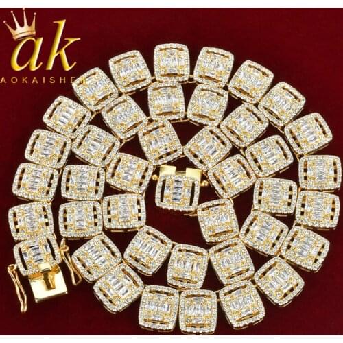 12MM Square Baguette Zircon Necklace Chain Mens Hip Hop Link Gold Color Plated Copper Rock Bling Fashion Jewelry