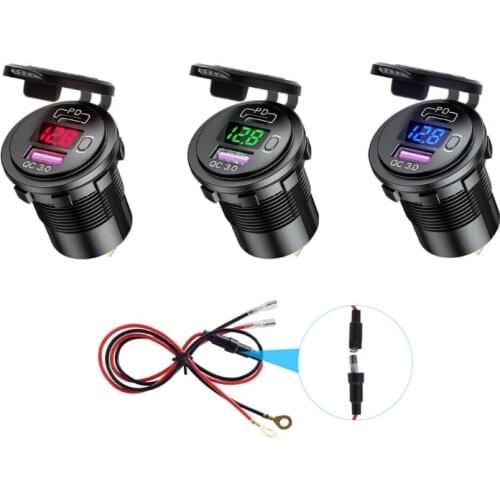 Type C PD QC3.0 USB 12V Automobile Fast Car Charger with LED Voltmeter On Off Switch for Truck Motorcycles Marines UTV