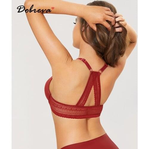 DOBREVA Womens Front Close Lace Bra Tshirt Push Up Padded Plunge Bra