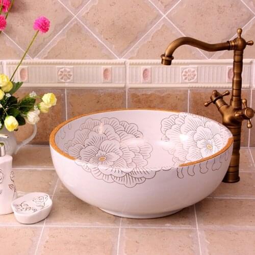Europe style chinese wash basin Jingdezhen Art Counter Top ceramic basin sink vessel peony ceramic wash basin bathroom sink
