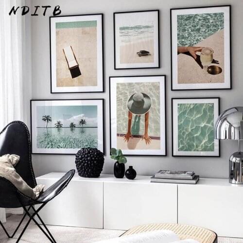 Tropical Decoration Painting Water Pool Woman Canvas Poster Nordic Wall Art Print Beach Ocean Landscape Picture Modern Decor