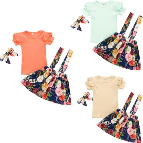 FOCUSNORM 1-6Y Summer Baby Girls Clothes Sets 3pcs Ruffles Sleeve Solid T Shirts Flowers Printed Suspender Dress + Bow Headwear