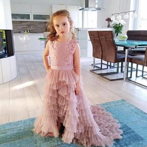 Custom Blush Pink Little Girl Dress for Wedding Lace Kids Clothes for Party girls birthday pageant gown with tail