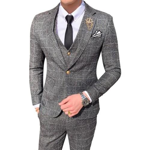 Mens 3 Pieces British Plaid Business Formal Suit Set / Male Suit Slim Fit Groom Wedding Jacket Coat Pants Vest Prom Blazer
