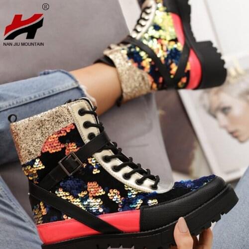 NAN JIU MOUNTAIN 2020 Women Martin Boots Short Boots Shoes Autumn Mid Heel Fashion Sequins Lace Comfortable Plus Size 41