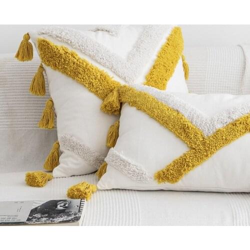 Handmade Moroccan Style Cushion Cover Abstract Zigzag Navy Blue Yellow Pillow Cover with Tassels 45x45cm/30x50cm HomeDecoration