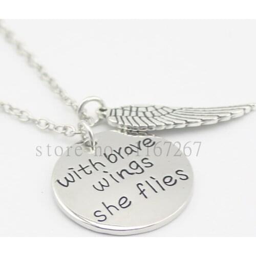 2016 new arrive Hand Stamped "With Brave Wings She Flies " Necklace INSPIRATIONAL Handmade GIFT for her
