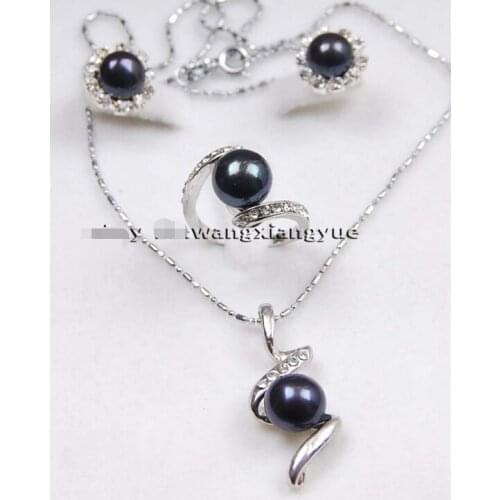Wholesale good FREE shipping> >Natural Black Akoya Cultured pearl Earrings /Ring / Necklace Pendant Set AAACZ Luxury Ms. girl