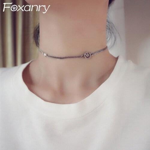 Foxanry 925 Sterling Silver Smiley Face Necklace INS Fashion Vintage Punk LOVE Heart Clavicle Chain Party Jewelry Gift for Women