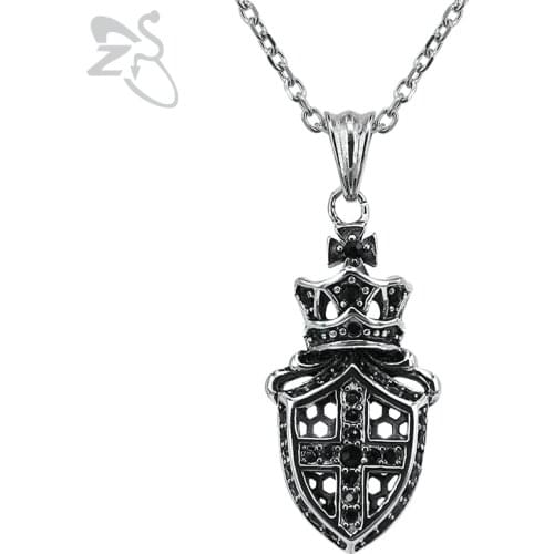 ZS Male Punk Necklace with Big Cross Shield Pendants Vintage Stainless Steel Jewelry Hip Hop Gothic Necklace for Men Gifts 2018