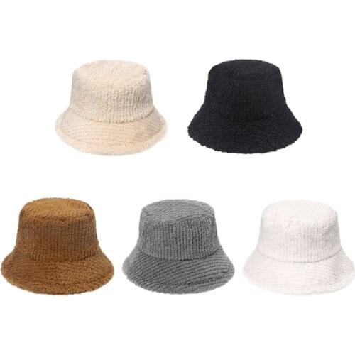 Bucket Hat in Faux Lamb Wool Fisherman Winter Autumn Outdoor Panama for Men Women with Flat Top