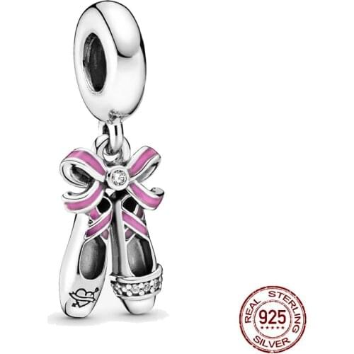 Paylor 100% 925 Sterling Silver Charms Pink Ballerina Shoes Dangle Charms fit Original Pandora Bracelet Necklace Silver Jewelry