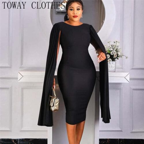 Womens Elegant Solid Long Pleated Cloak Sleeve Long Sleeve O-Neck Bandage Dress Bodycon Club Party Midi Dress