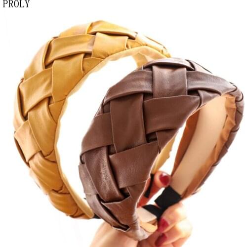 PROLY New Fashion Women Hairband Wide Side Leather Weaving Headwear Turban Solid Color Hair Accessories Wholesale
