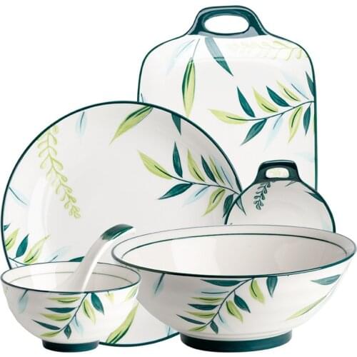 Hand Painted Underglaze Color Green Shade Ceramic Bowl Plate Tableware Household Deep Soup Plate Dish Creative Windfish Plate