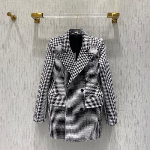 Luxury French Minimal Street Style Design 2021 High Quality Wool Classy Houndstooth Print Double Breasted Oversized Blazer