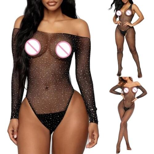 Ladies Hot Rhinestone One-piece Uniform Temptation Sexy Open File Erotic Lingerie Clothes Lingerie Uniform Black Net Clothing