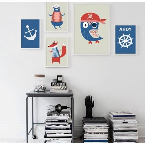 Lankshear Sea Pattern Sailor Pirate and Ship Cartoon Art Poster in Canvas Painting Wall Pictures for Child Bedroom Decor
