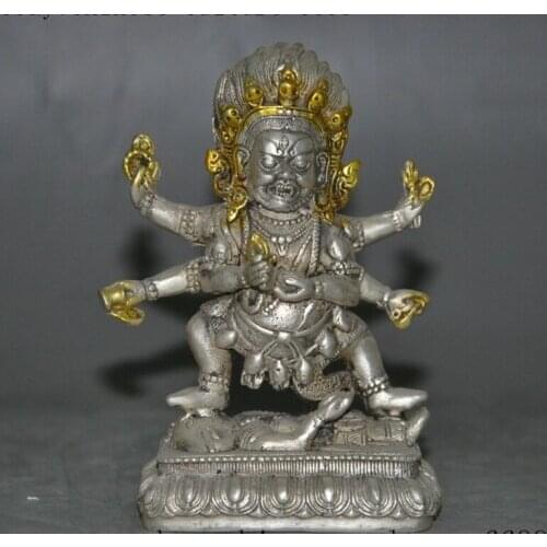 Old Tibetan Buddhism silver gilt 6 arms Mahakala Wrathful Deity Buddha Statue