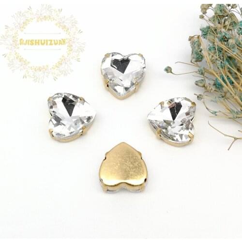 White Heart shape Crystal Glass Sewing Rhinestones with gold Claw Rhinestones for Diy wedding Dress and Bags