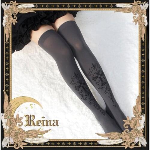 High quality Gothic lolita dark gray knee - high stockings lolita printing thigh stockings in summer