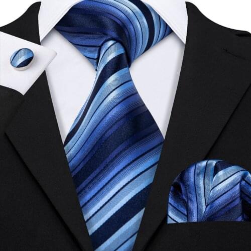 High Quality Neck Tie For Men Business Blue Striped 100% Silk Tie Set Barry.Wang Fashion Design Neckwear Dropshipping LS-5002