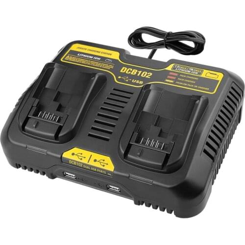 High quality Fast charging DCB102 Li-ion Battery charger For DeWalt 12V 14.4V 18V 20V double charging postion with Dual USB Port