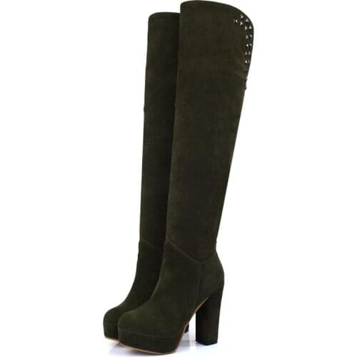 Green autumn and winter boots, high heels, knee high boots, simple thin boots, thick heels, waterproof platform, frosted boots