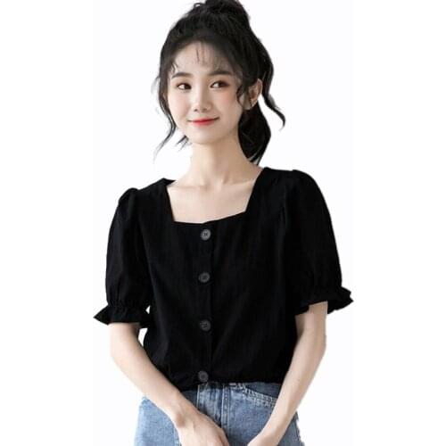 2021 New Button Shirts for Women Black Casual Square Collar Short Sleeve Summer Blouses Plus Size Female Blusas Kawaii Clothes