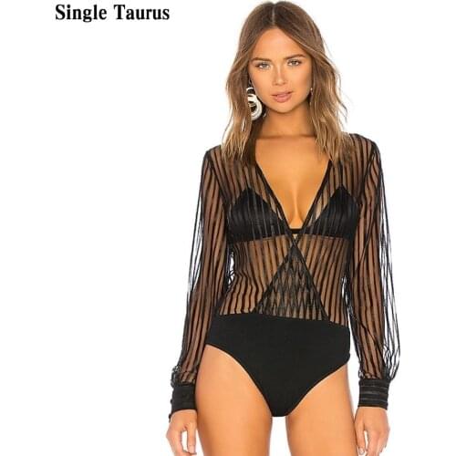 Female Sexy Hollow Out Stripe Print Bodysuits Summer Fall Long Sleeve Perspective Splicing Lace Bodies See-through Jumpsuits