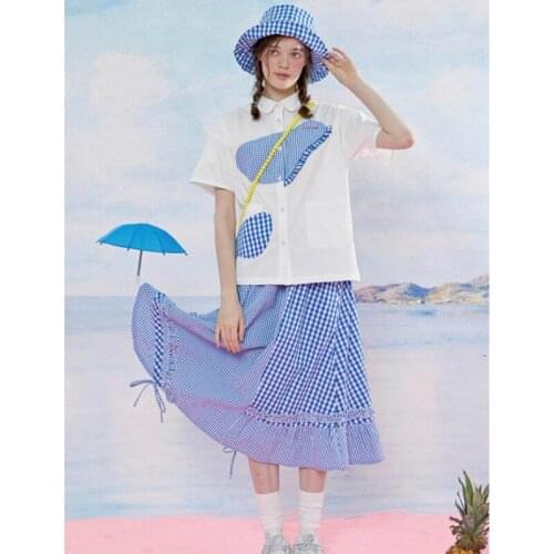 Two Piece Set Women 2021 Summer Letter Embroidery White Blouse And Plaid Patchwork Asymmetry Skirts Sets Girls Casual Set