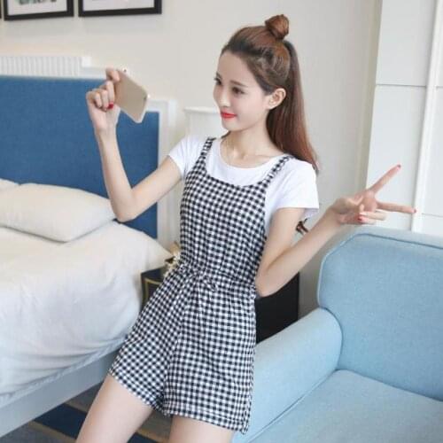 Women 2021 Summer Fashion Two-piece Suits Female Slim Solid Color Short-sleeved T-shirt Ladies Bow Plaid Sling Shorts Sets K16
